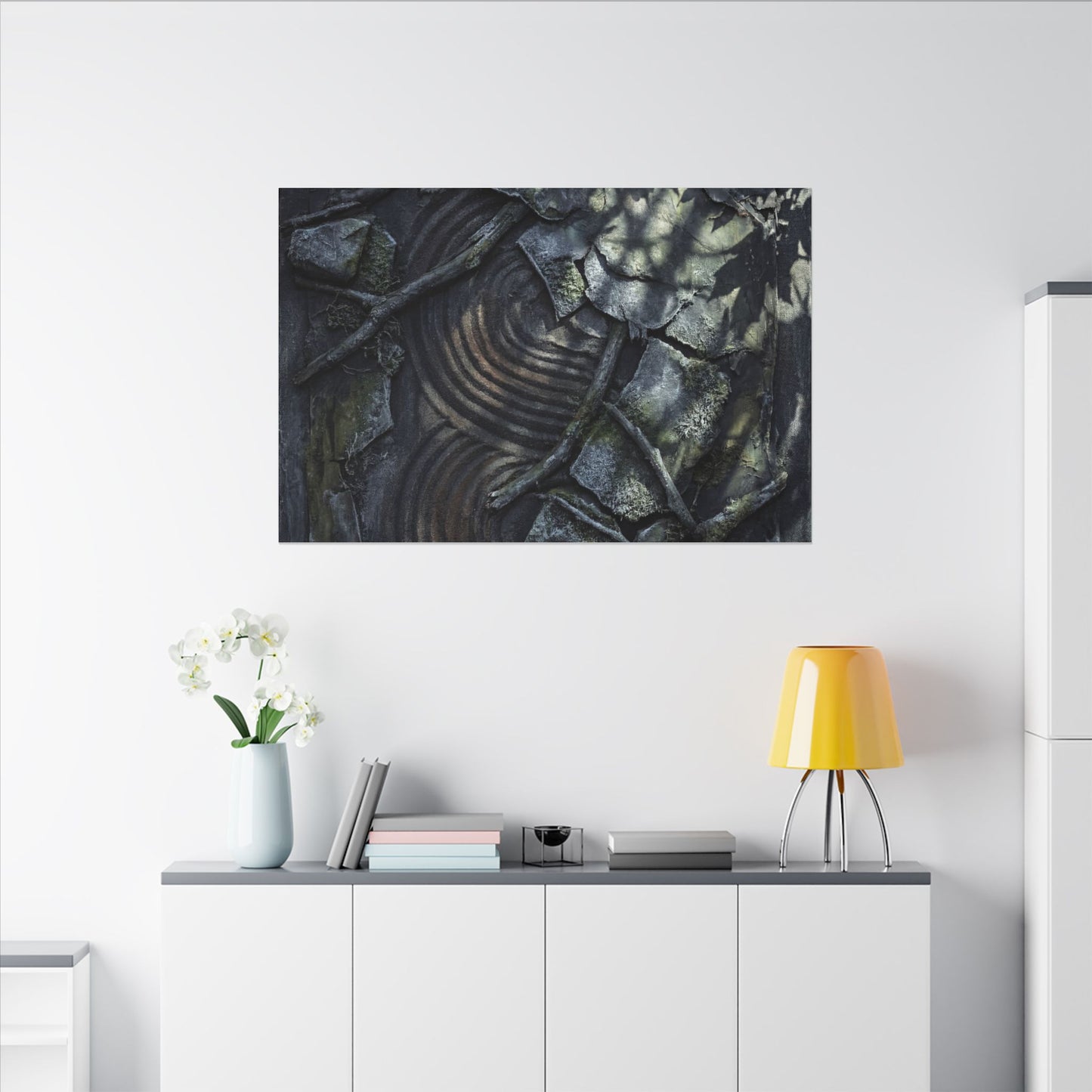 Rock Garden Canvas Art | Winter Dark Japandi Dark Texture Art
