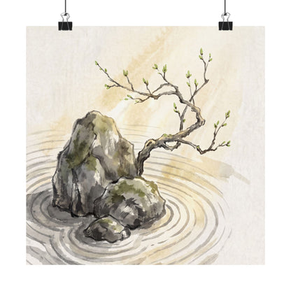 Zen Rock Garden in Golden Hour | Sumi E Wall Art Print Art Print