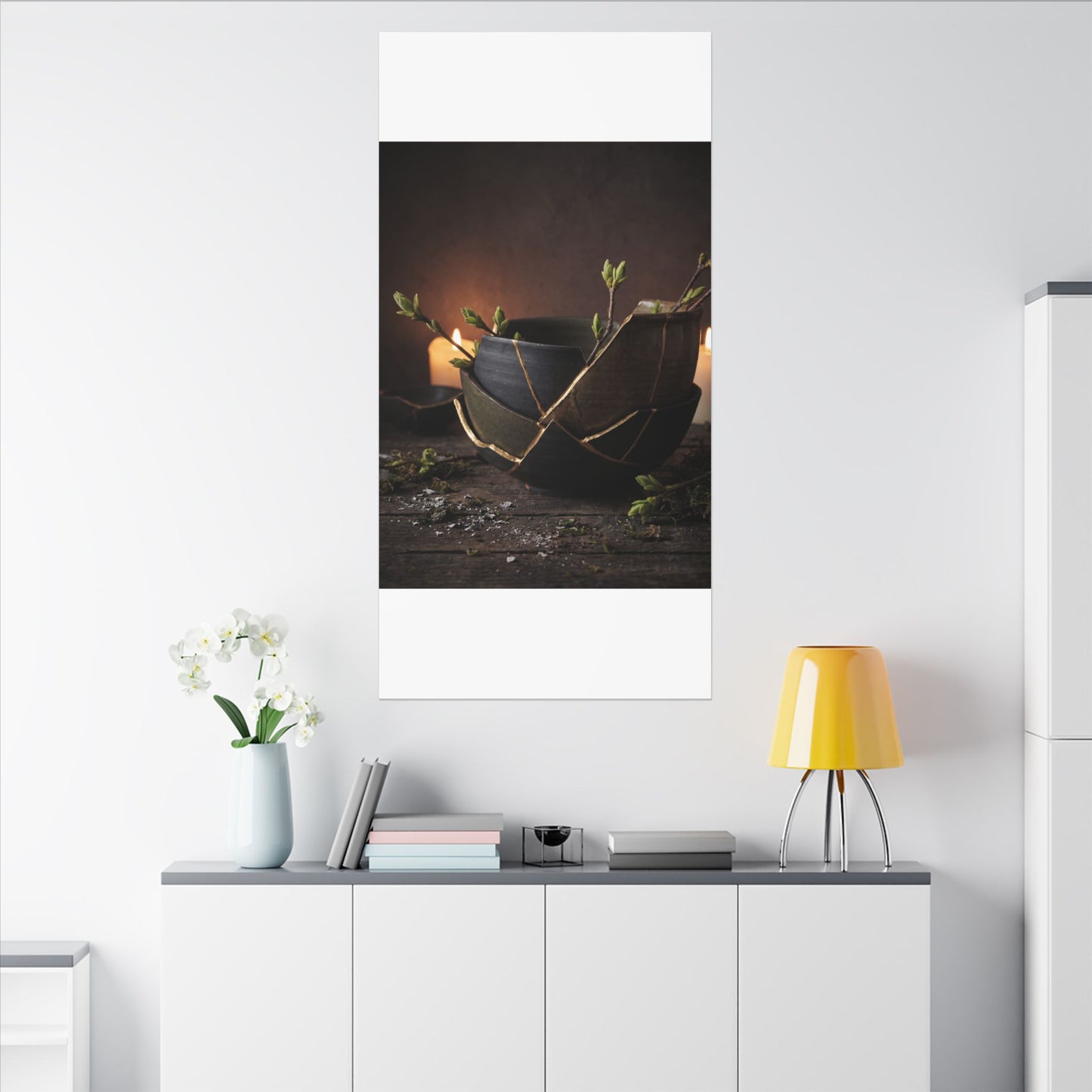 Broken Pottery Spring Canvas Art | Dark Japandi Luxurious Design