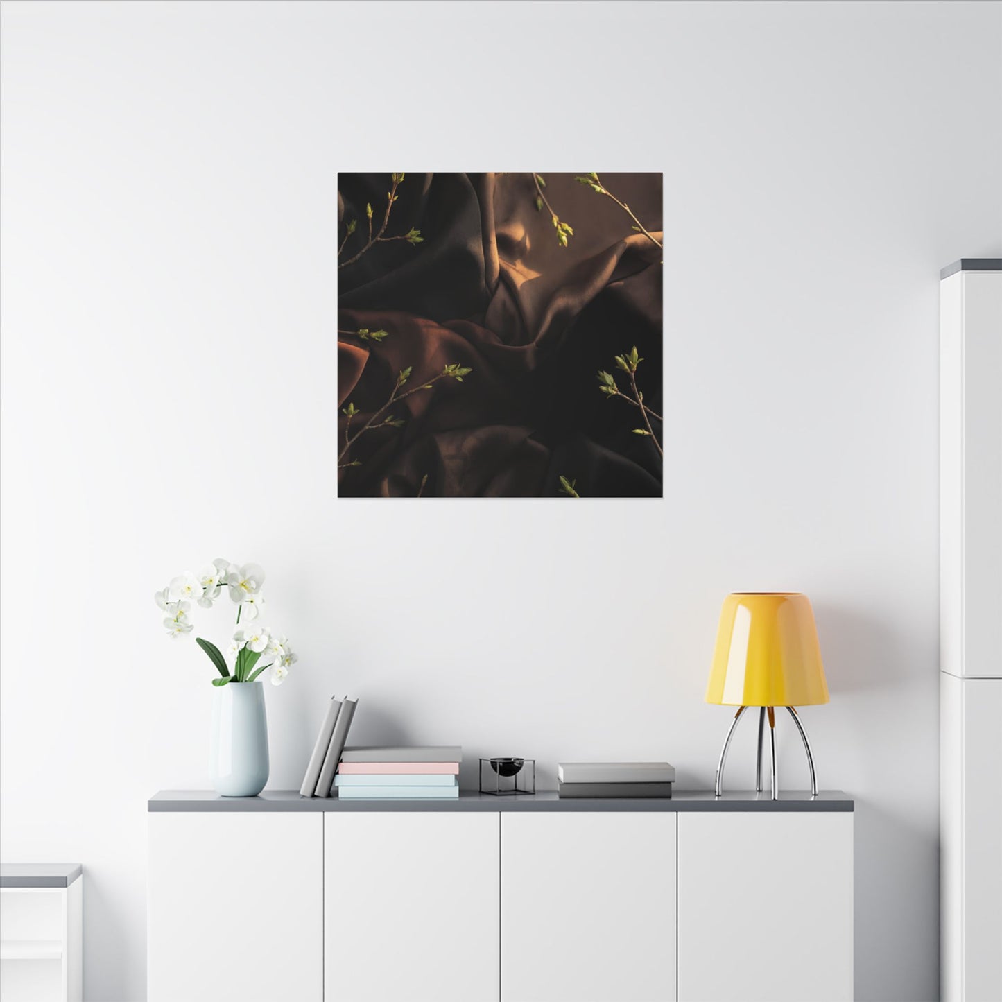 Dark Japandi Silk Drape in Golden Hour | Moody Minimal Canvas Art