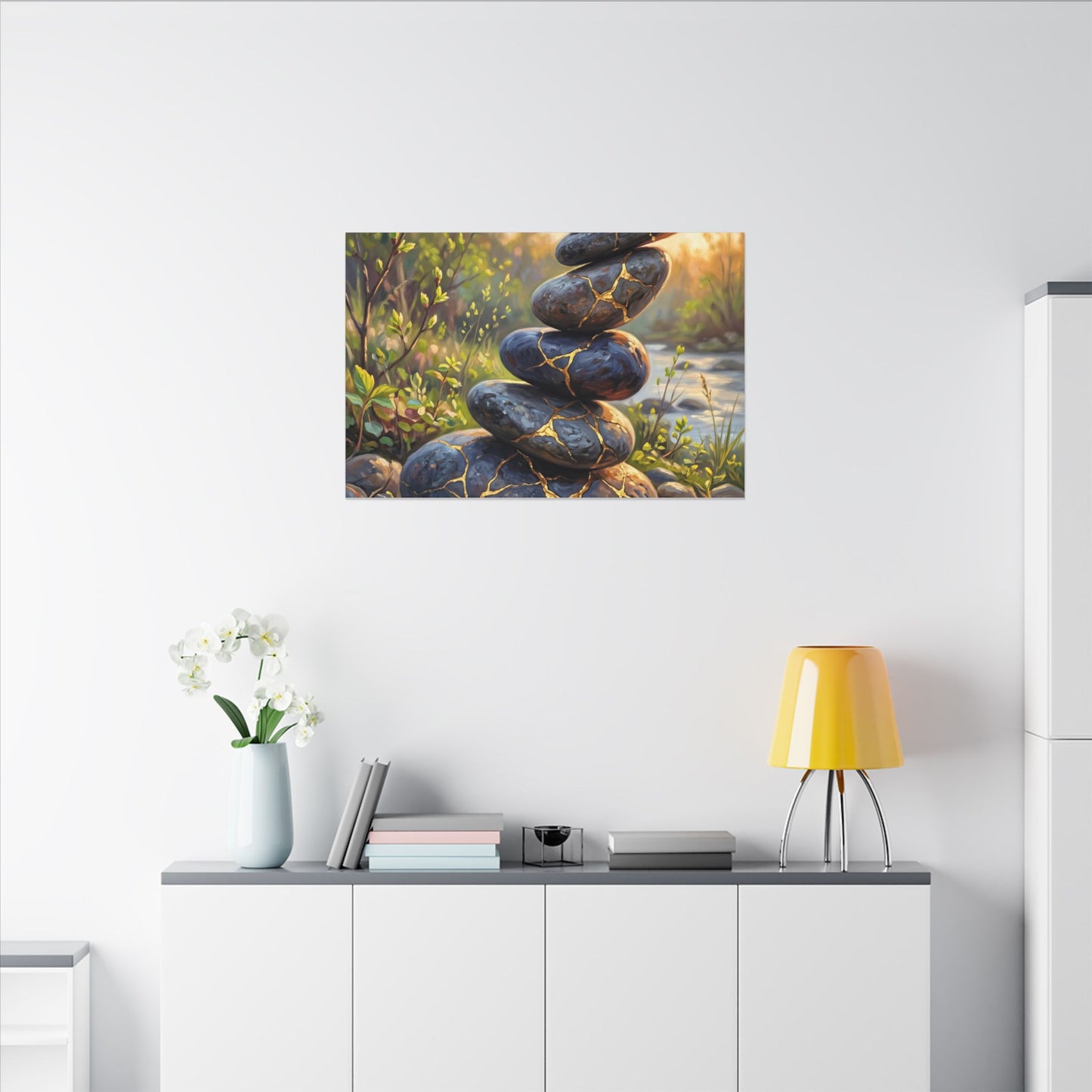 Spring River Stones Gold Repair Canvas Art | Healing Decor