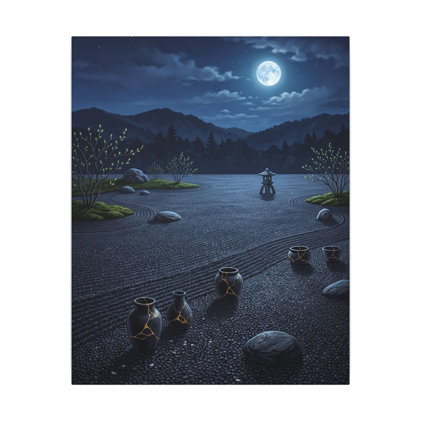 Kintsugi Moonlit Garden in Moonlight | Gold Repair Canvas Art