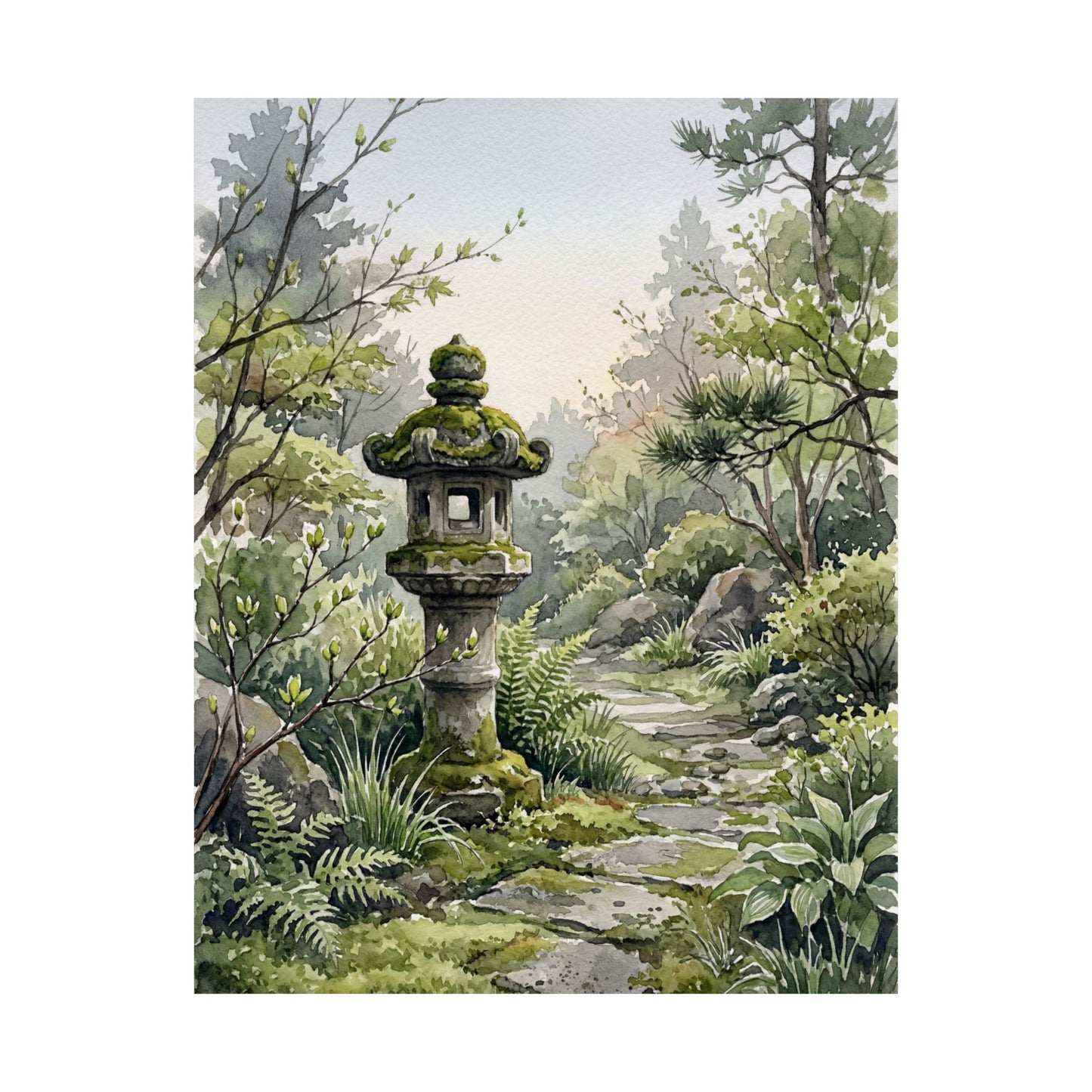 Japandi Stone Lantern in Dawn | Watercolor Wall Art Print