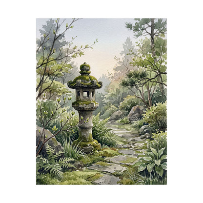 Japandi Stone Lantern in Dawn | Watercolor Wall Art Print
