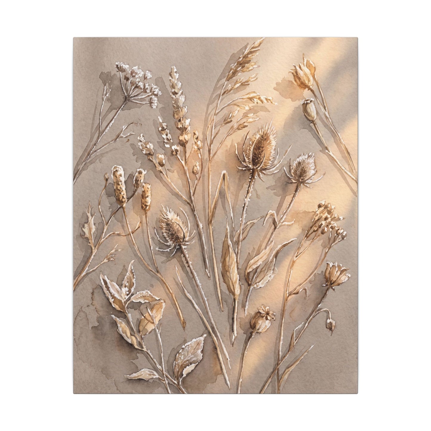 Japandi Dried Flowers in Golden Hour | Watercolor Canvas Art
