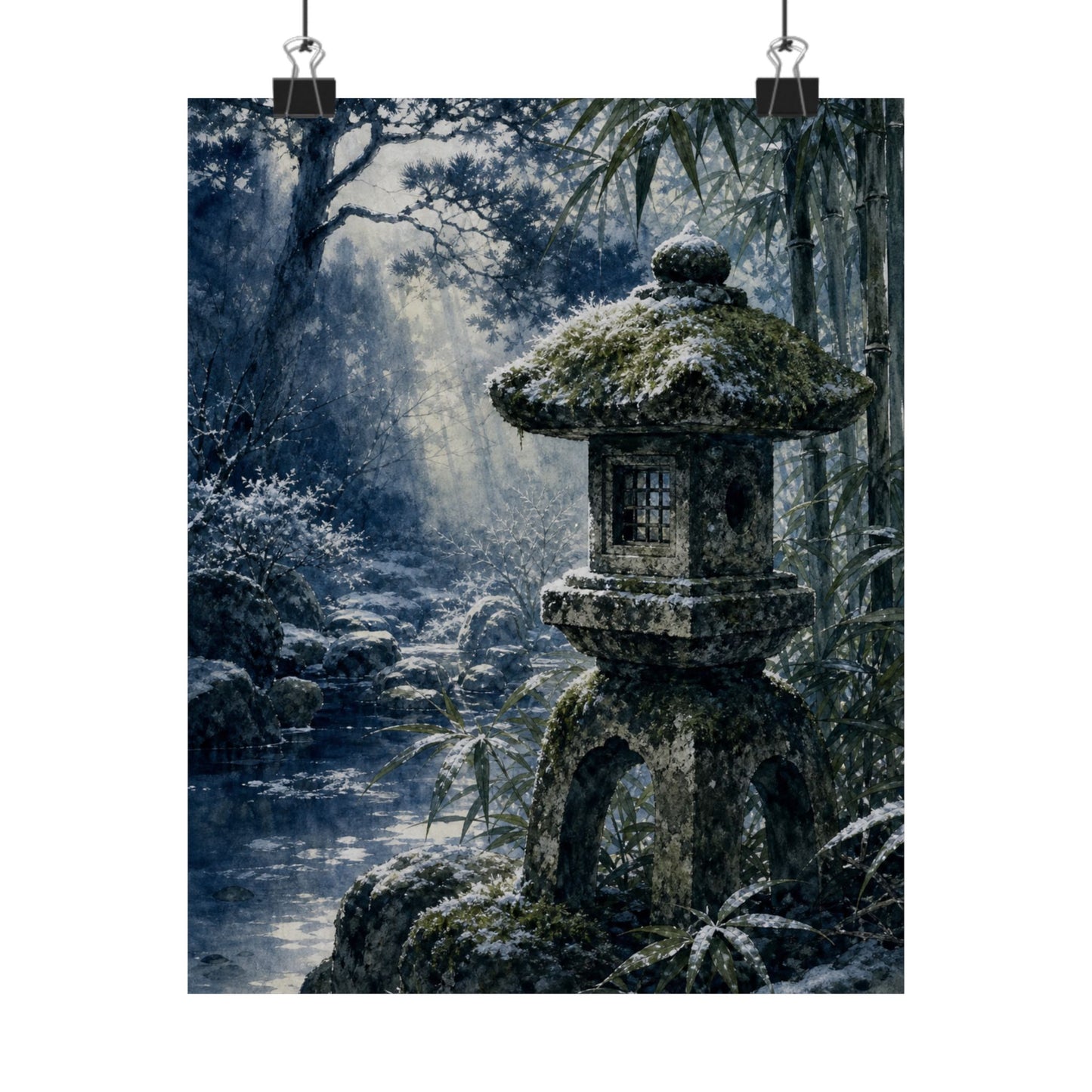 Zen Stone Lantern in Dappled | Sumi E Wall Art Print