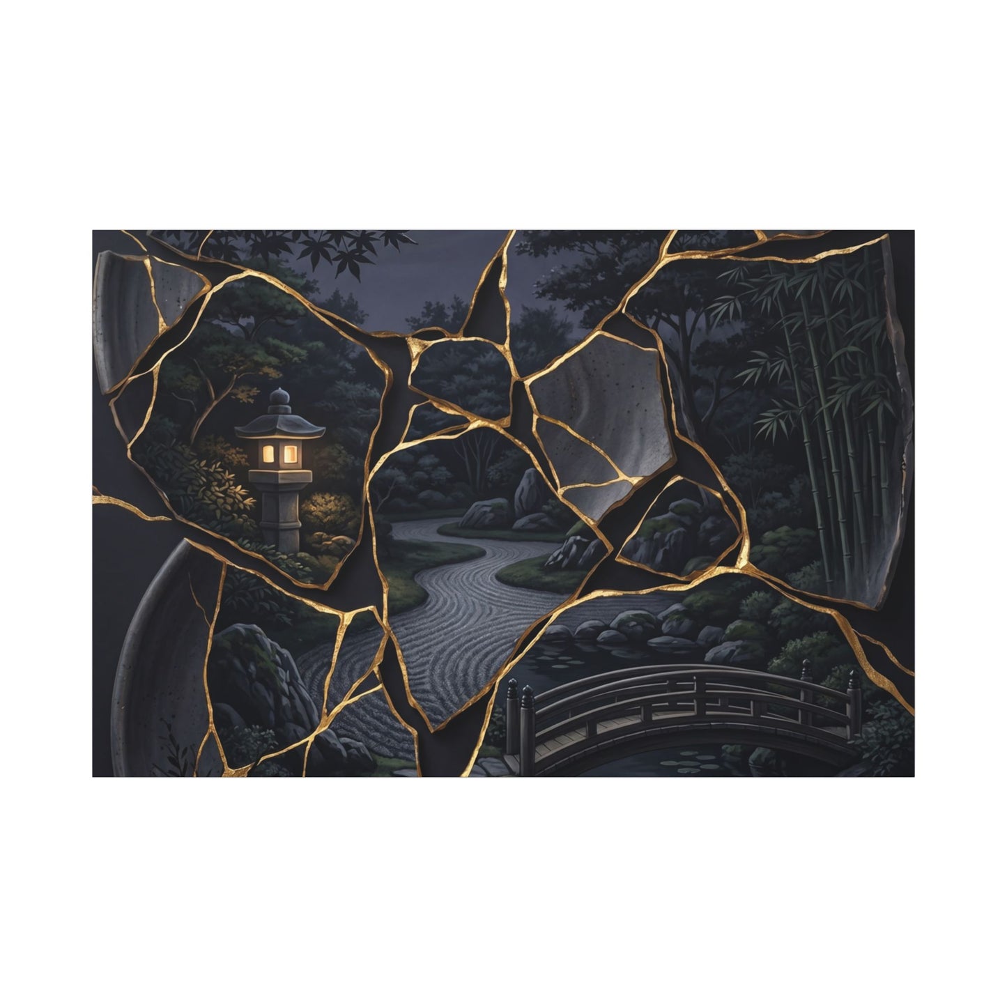 Kintsugi Moonlit Garden in Golden Hour | Gold Repair Canvas Art