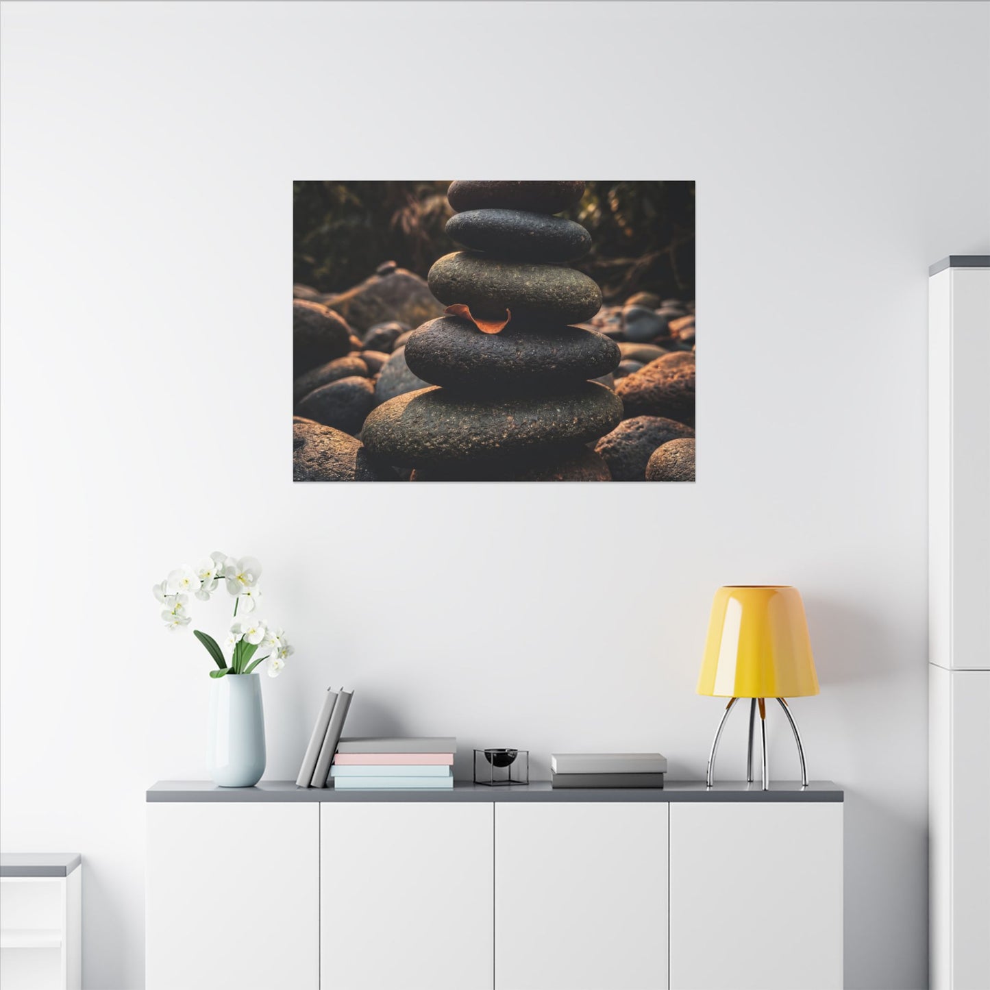 Dark Japandi River Stones in Golden Hour | Moody Minimal Canvas Art