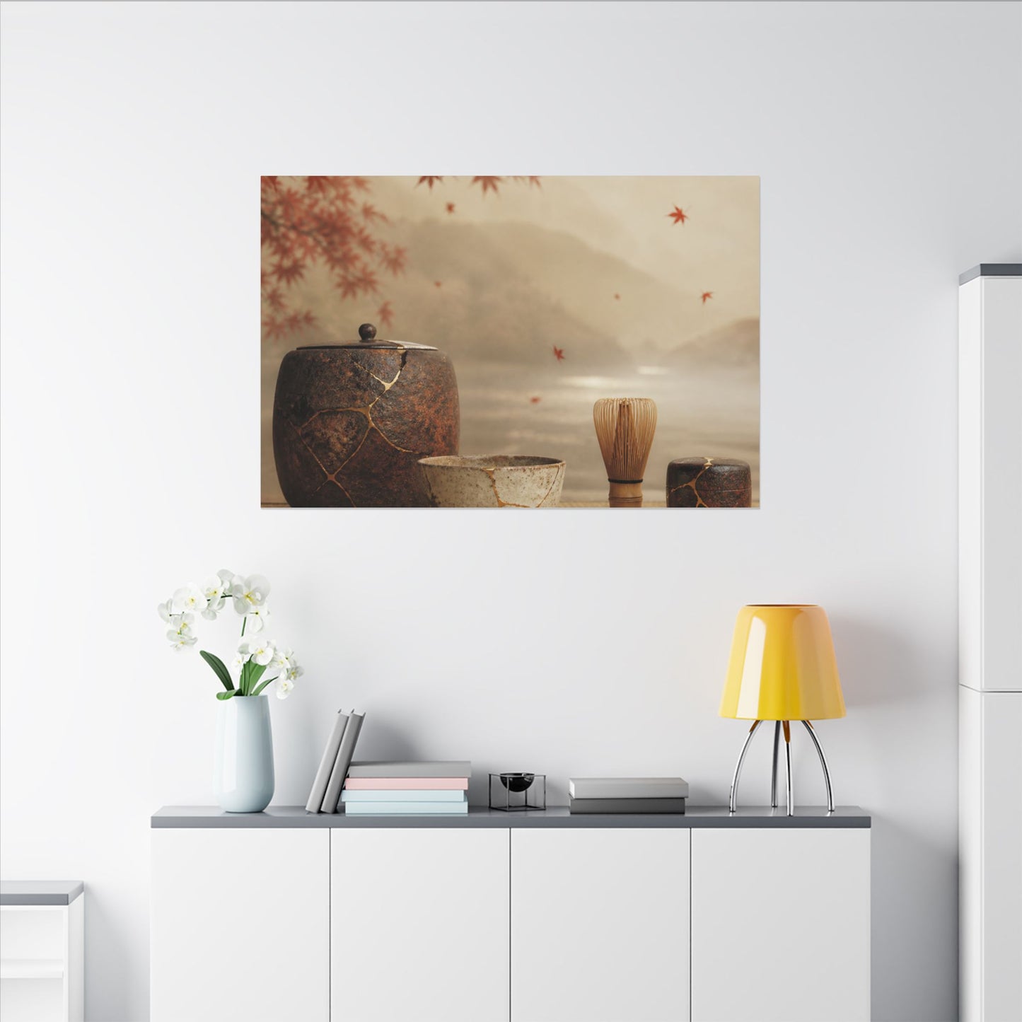 Tea Ceremony Canvas Art | Autumn Kintsugi Gold Vein Art