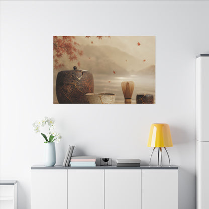 Tea Ceremony Canvas Art | Autumn Kintsugi Gold Vein Art