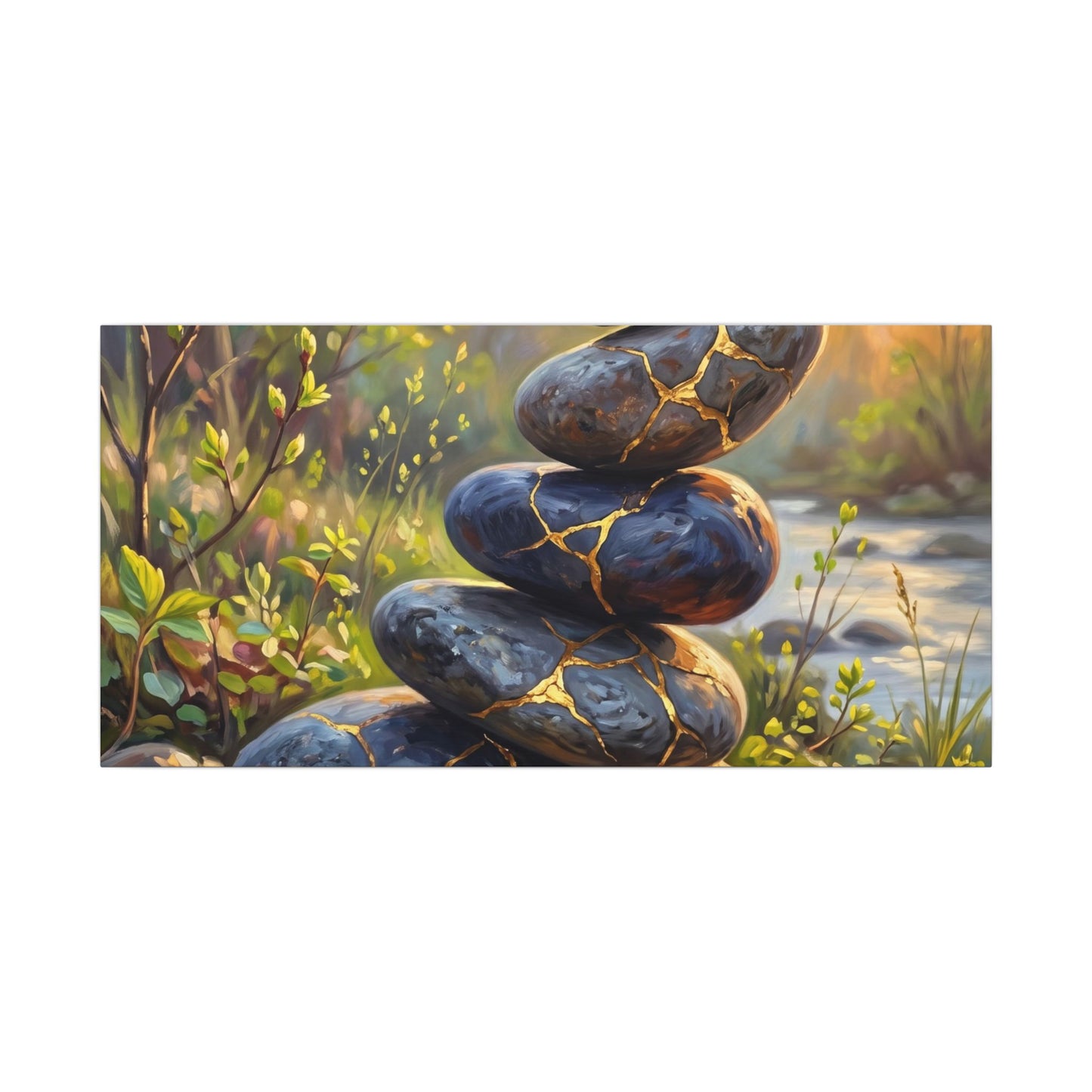 Spring River Stones Gold Repair Canvas Art | Healing Decor