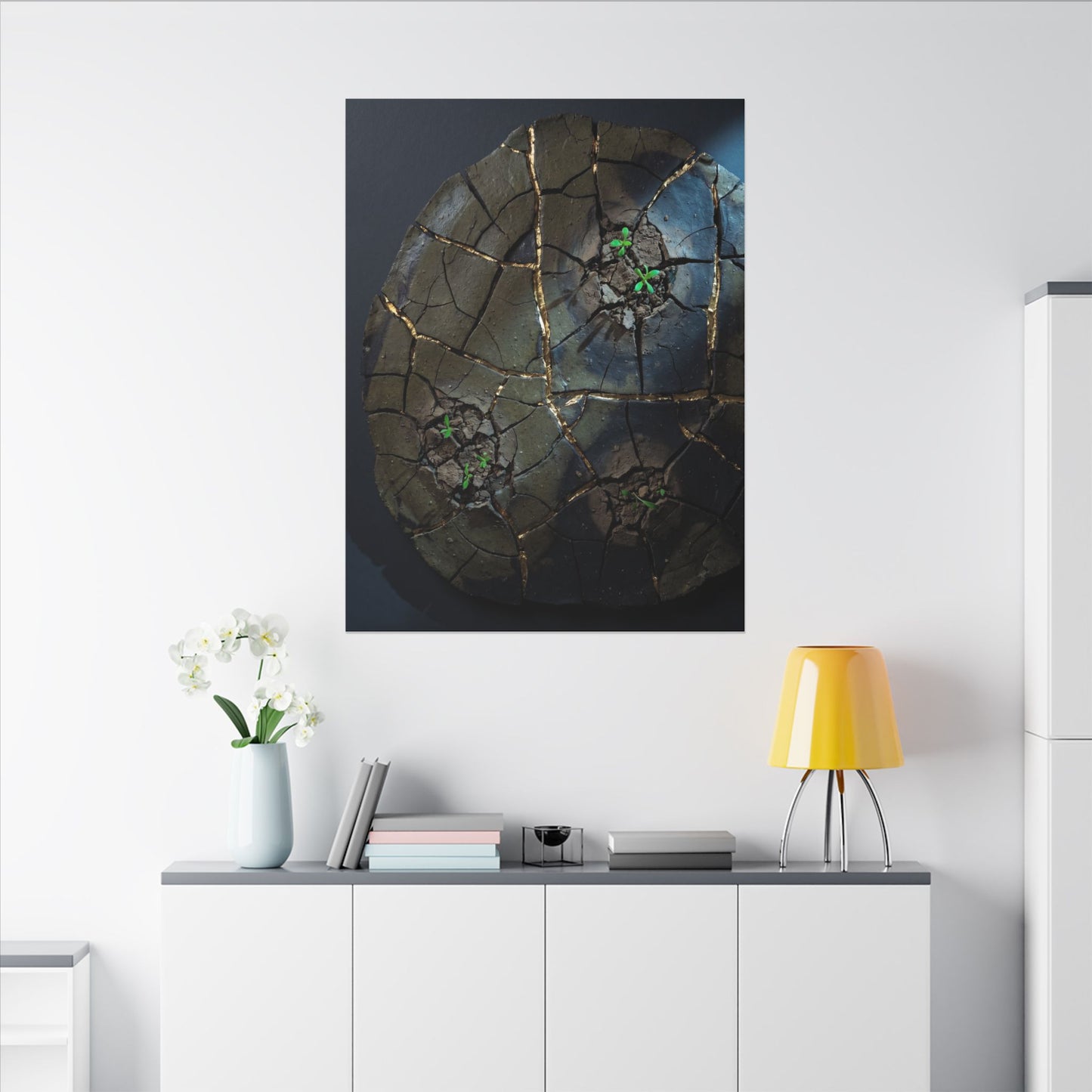 Dark Japandi Cracked Earth in Moonlight | Moody Minimal Canvas Art