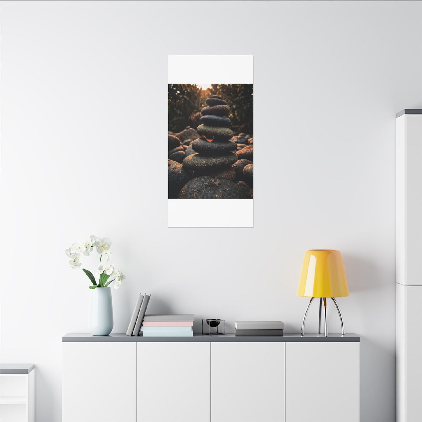Dark Japandi River Stones in Golden Hour | Moody Minimal Canvas Art