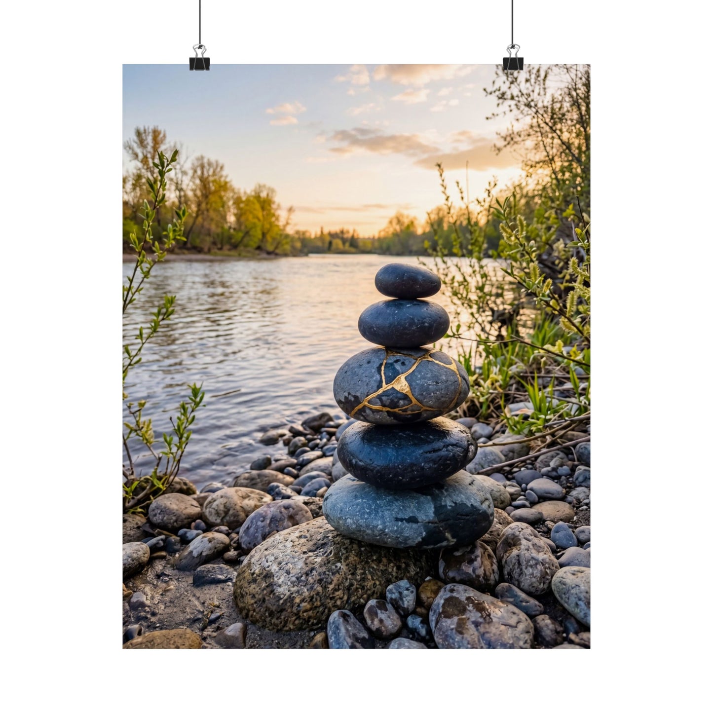 Beautiful River Stones Wall Art Print - Gold Vein Kintsugi