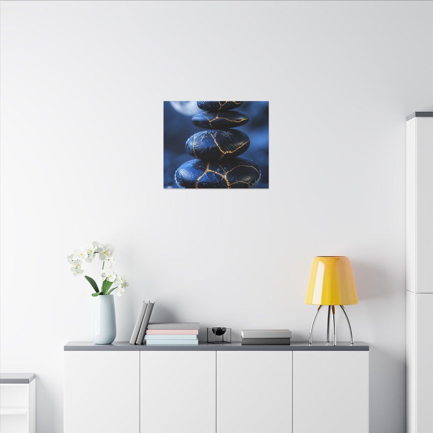 River Stones Canvas Art | Winter Kintsugi Gold Repair Art