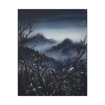 Mountain Mist Spring Canvas Art | Dark Japandi Atmospheric Design