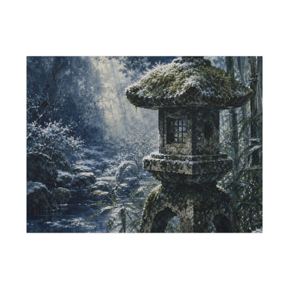 Zen Stone Lantern in Dappled | Sumi E Canvas Art