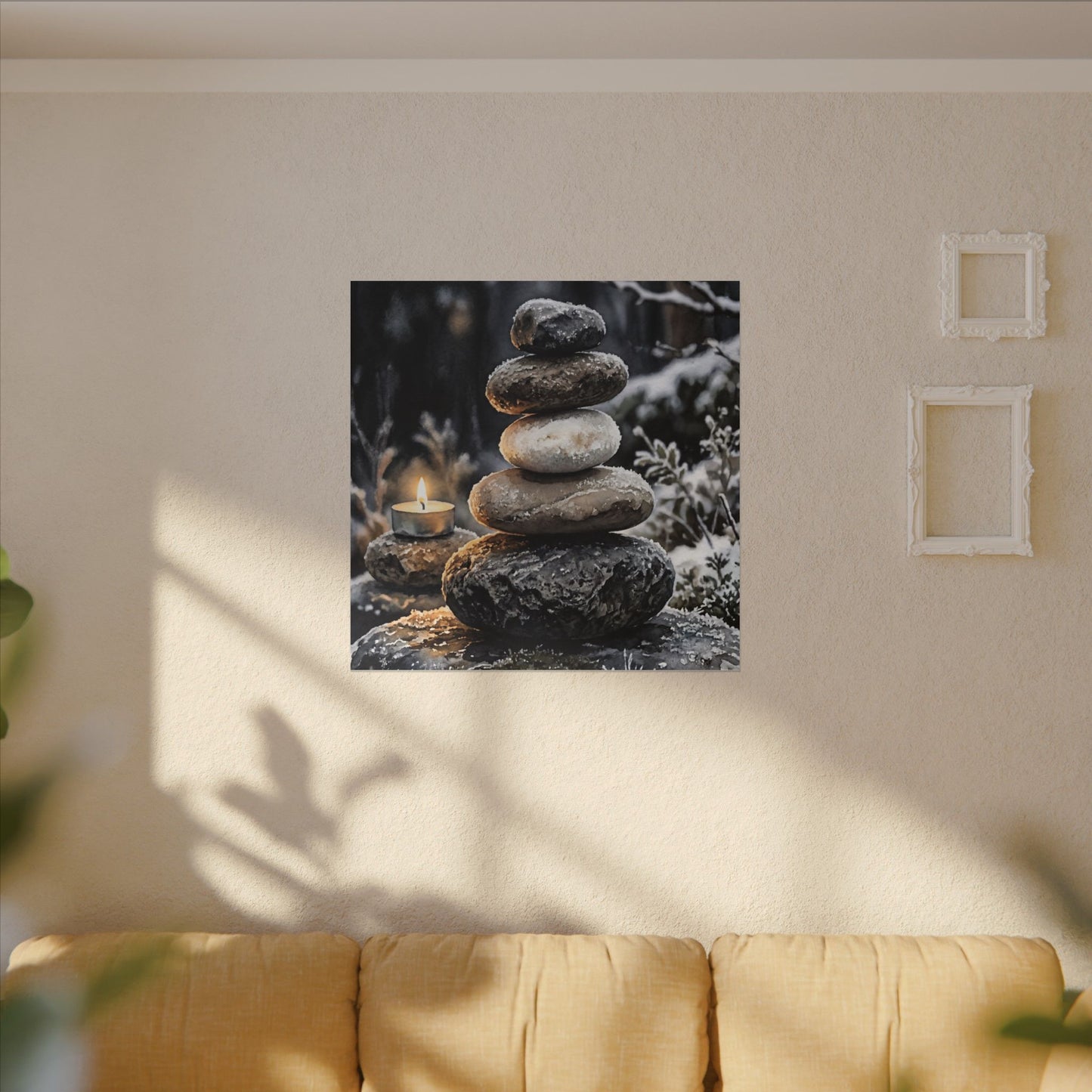 River Stones Canvas Art | Winter Japandi Watercolor Art