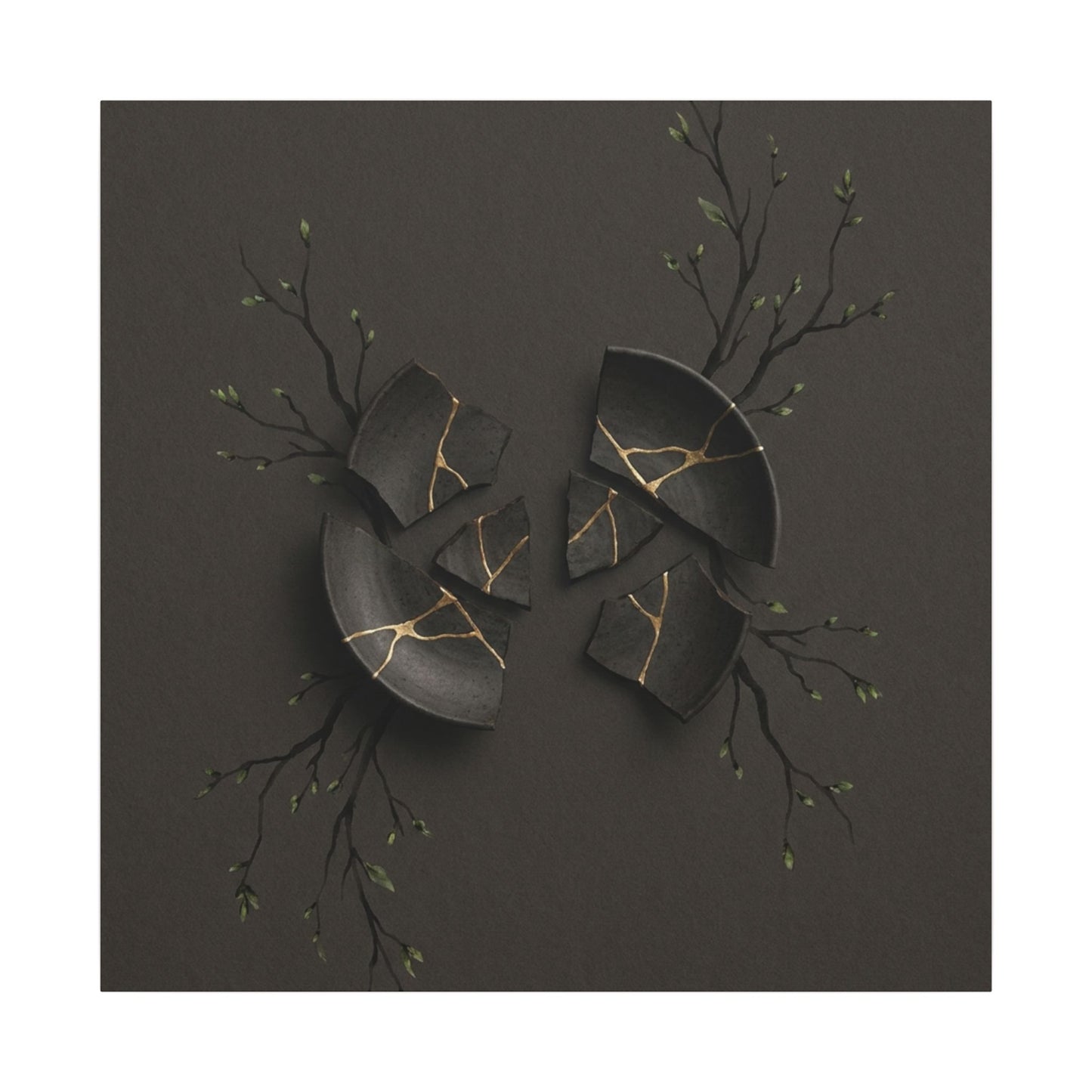Sophisticated Broken Pottery Canvas Art - Charcoal Ink Dark Japandi