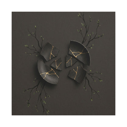 Sophisticated Broken Pottery Canvas Art - Charcoal Ink Dark Japandi