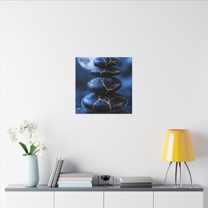 River Stones Canvas Art | Winter Kintsugi Gold Repair Art