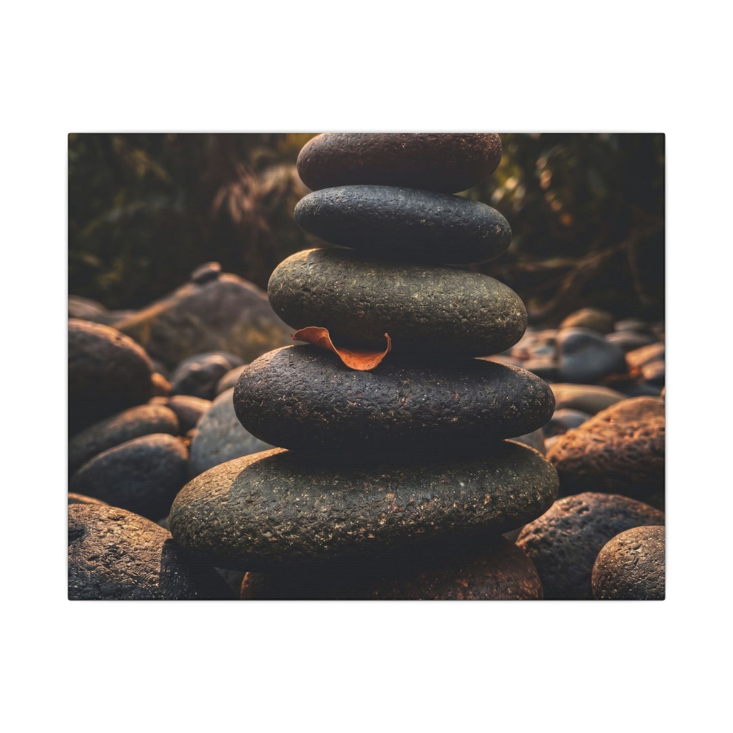 Dark Japandi River Stones in Golden Hour | Moody Minimal Canvas Art