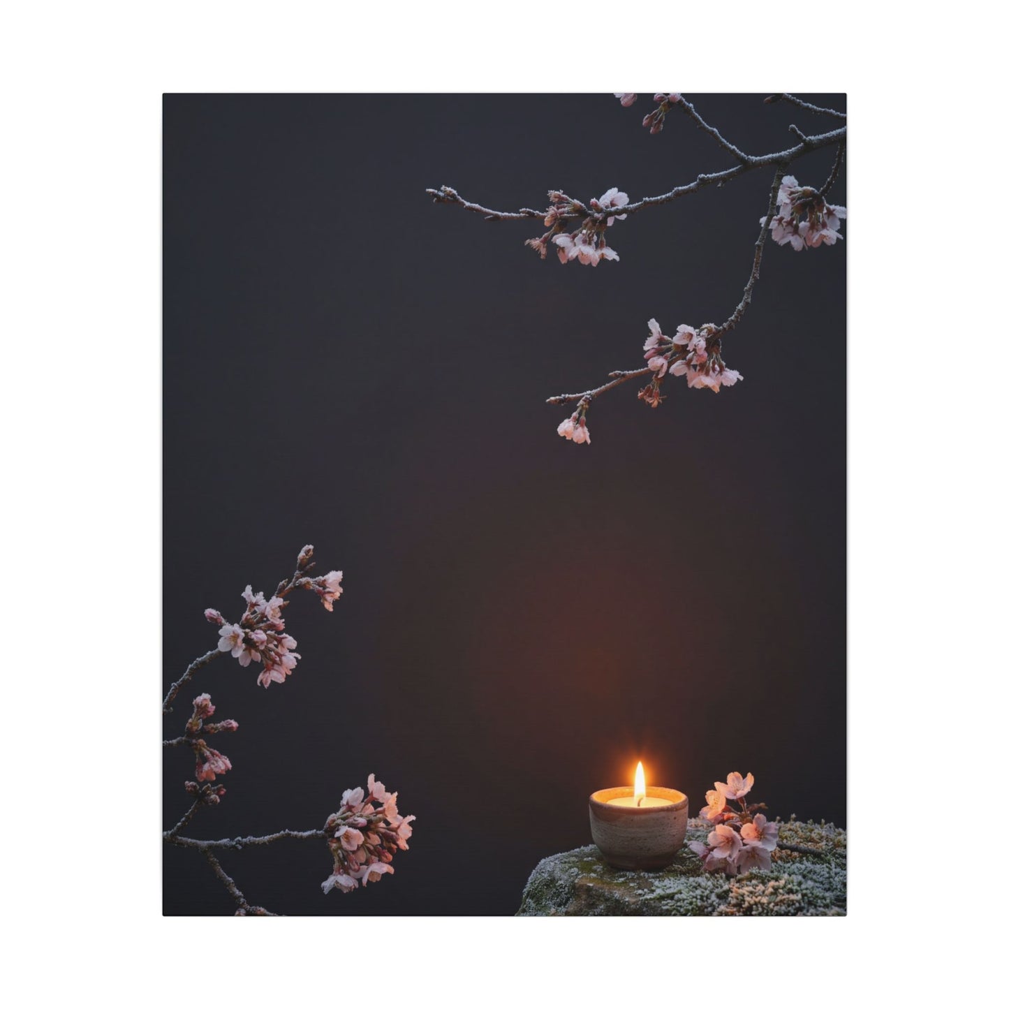 Dark Japandi Cherry Blossom in Candlelight | Moody Minimal Canvas Art