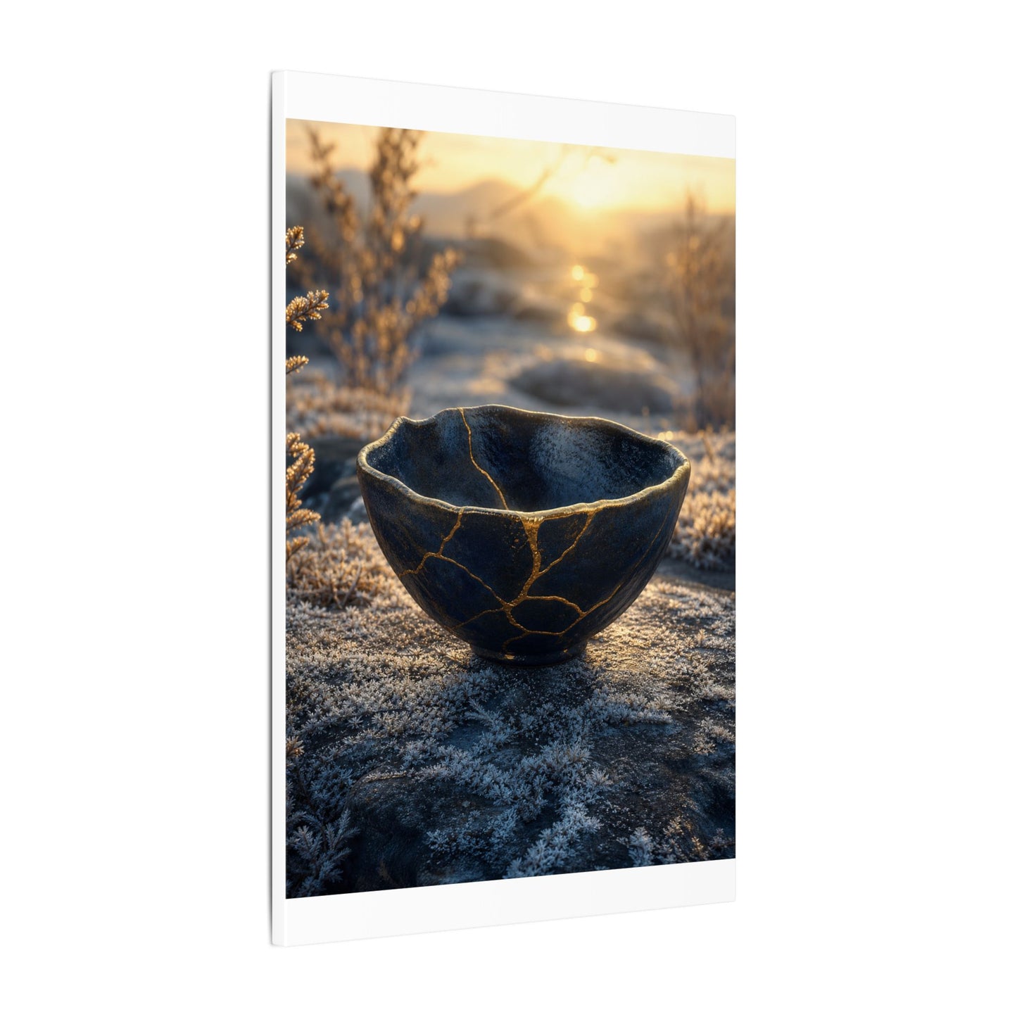 Ceramic Bowl Canvas Art | Winter Kintsugi Gold Repair Art
