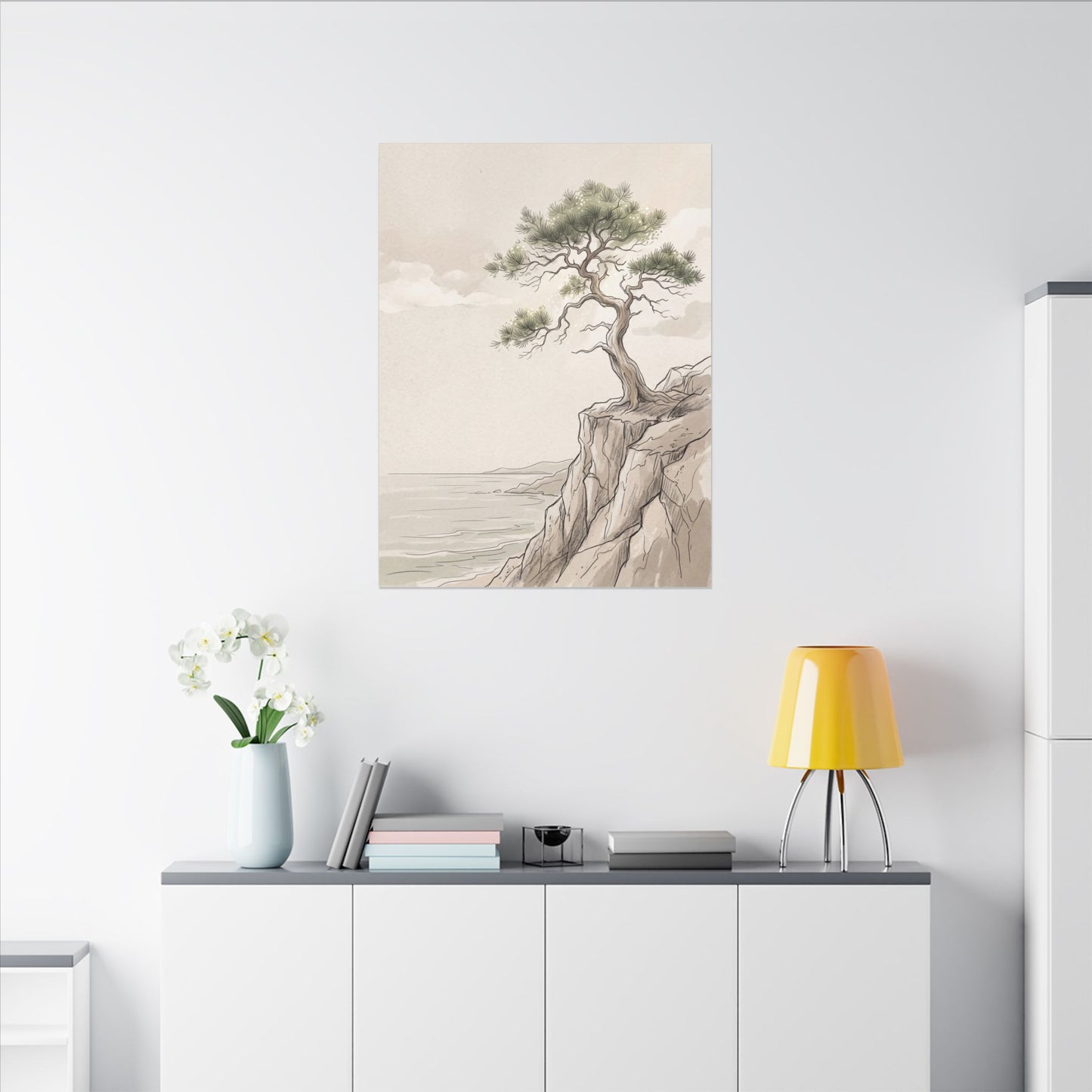 Japandi Pine Tree in Dappled | Minimal Line Canvas Art