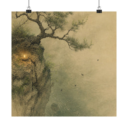 Japandi Pine Tree in Candlelight | Minimal Line Wall Art Print