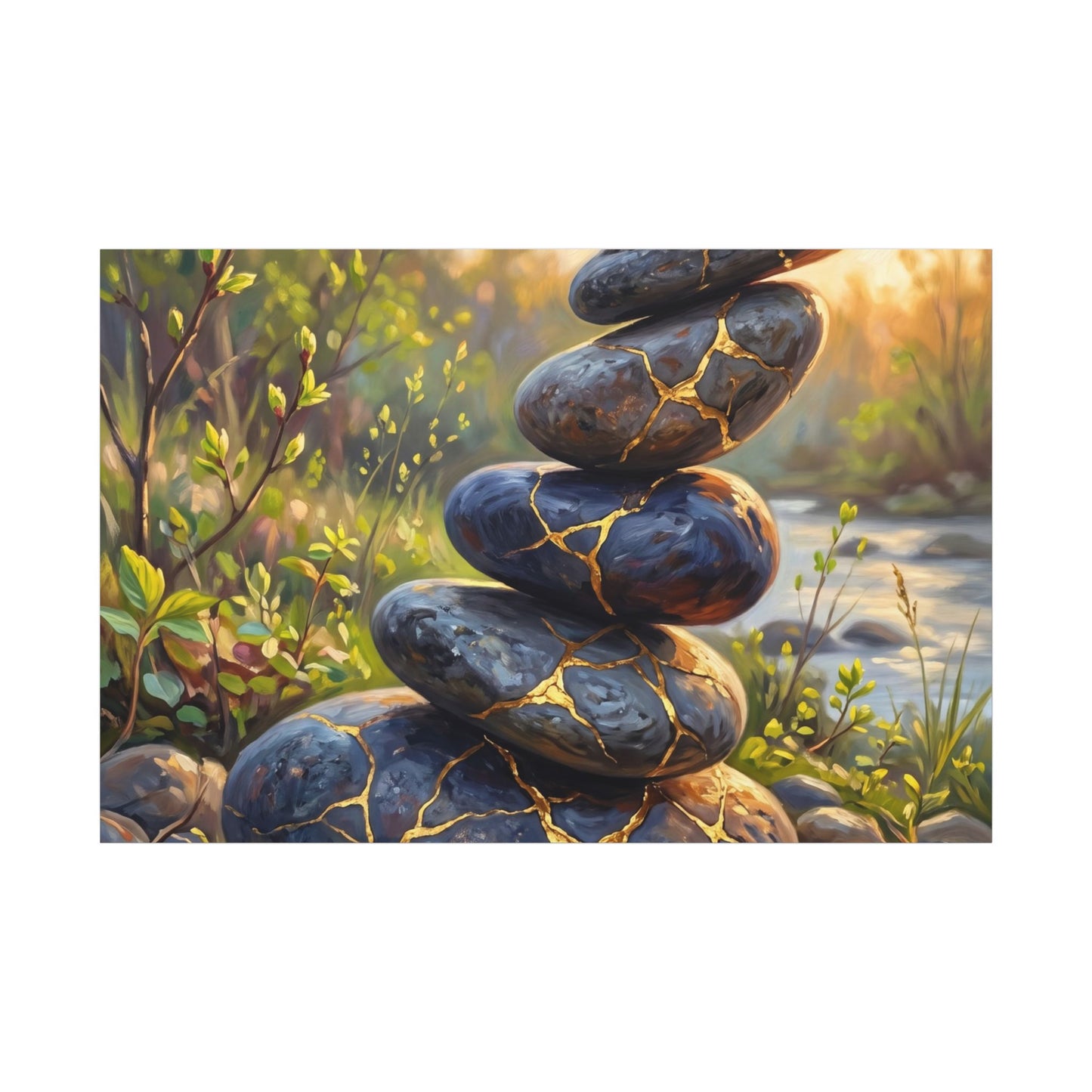 Spring River Stones Gold Repair Canvas Art | Healing Decor