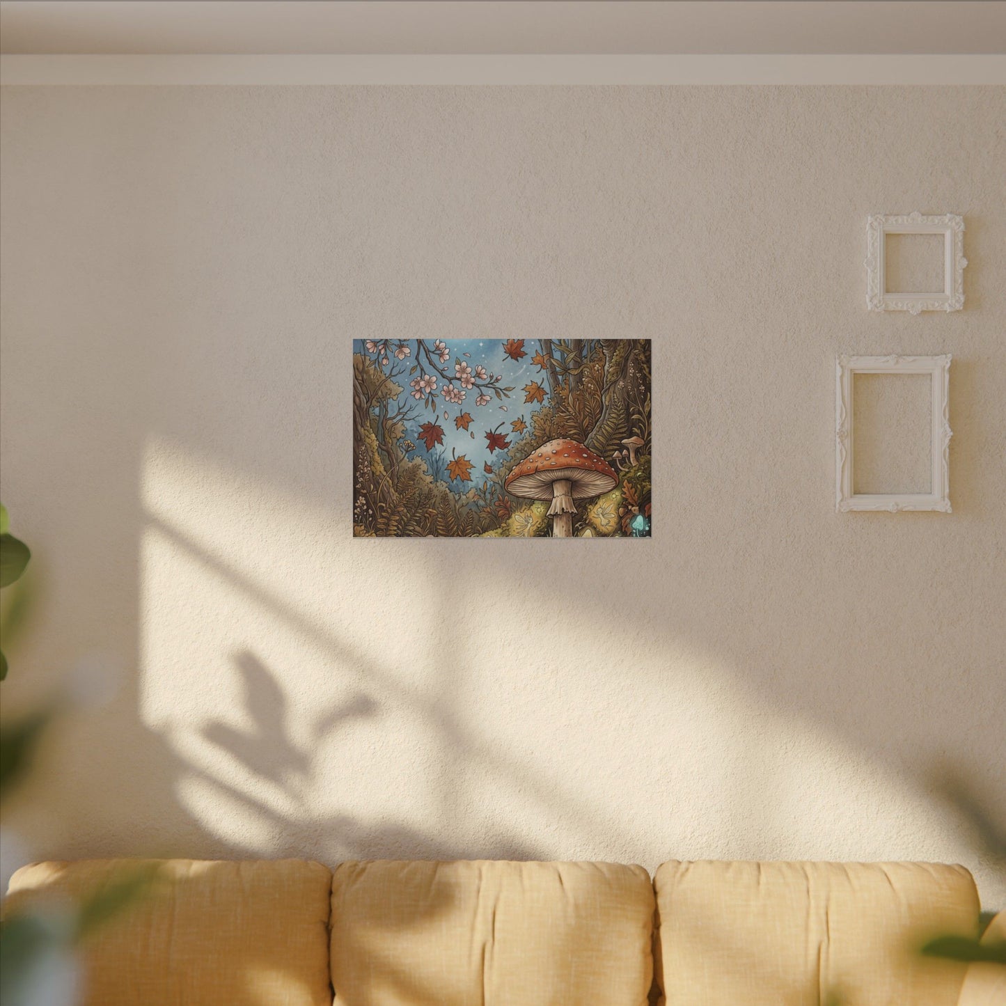 Autumn Cherry Blossom Mushroom Illustration Canvas Art | Enchanting Decor