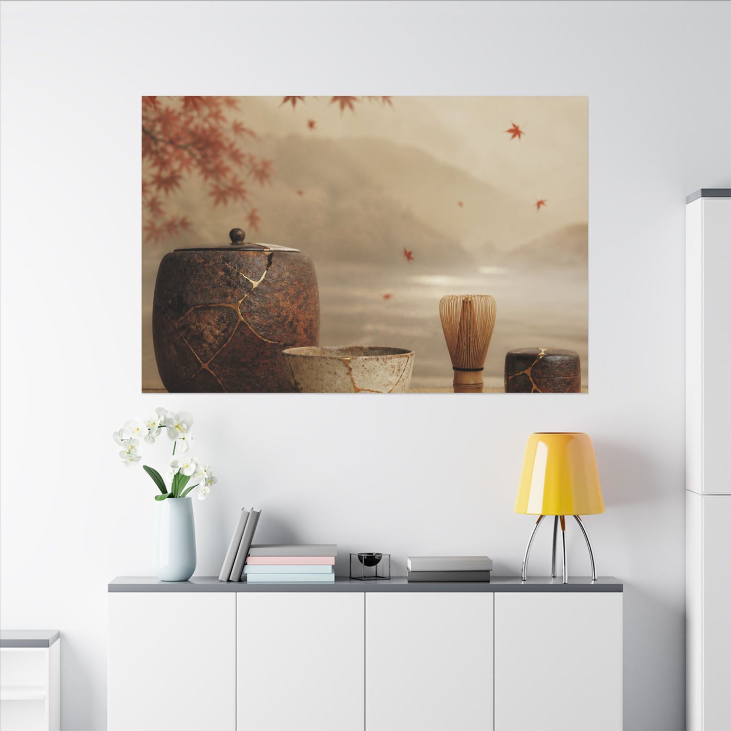 Tea Ceremony Canvas Art | Autumn Kintsugi Gold Vein Art