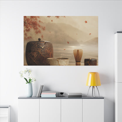 Tea Ceremony Canvas Art | Autumn Kintsugi Gold Vein Art