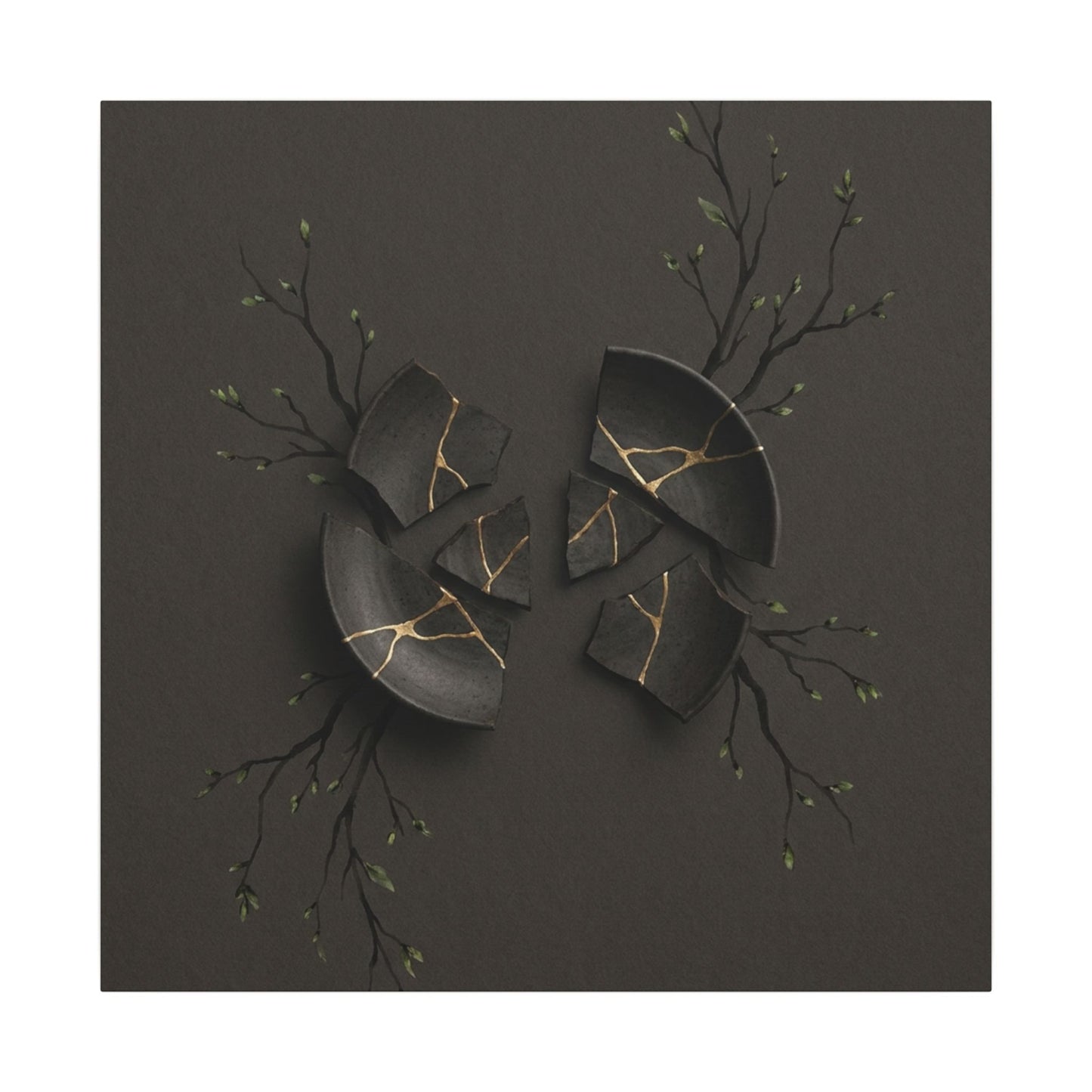 Sophisticated Broken Pottery Canvas Art - Charcoal Ink Dark Japandi
