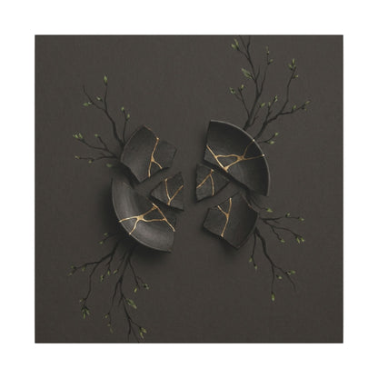 Sophisticated Broken Pottery Canvas Art - Charcoal Ink Dark Japandi
