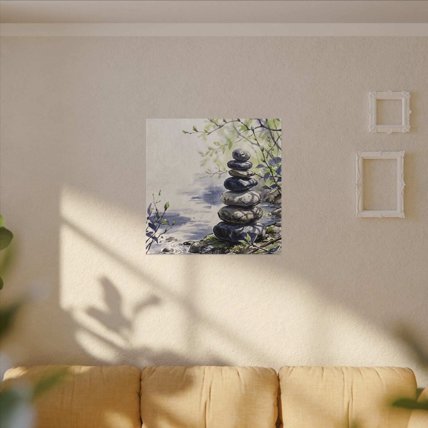 River Stones Sumi E Canvas Art | Serene Zen Art