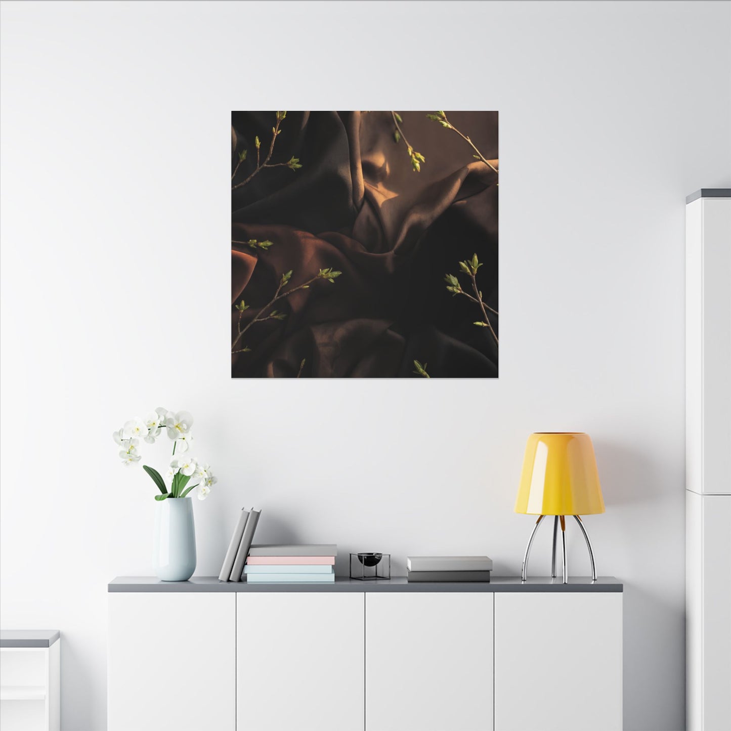 Dark Japandi Silk Drape in Golden Hour | Moody Minimal Canvas Art