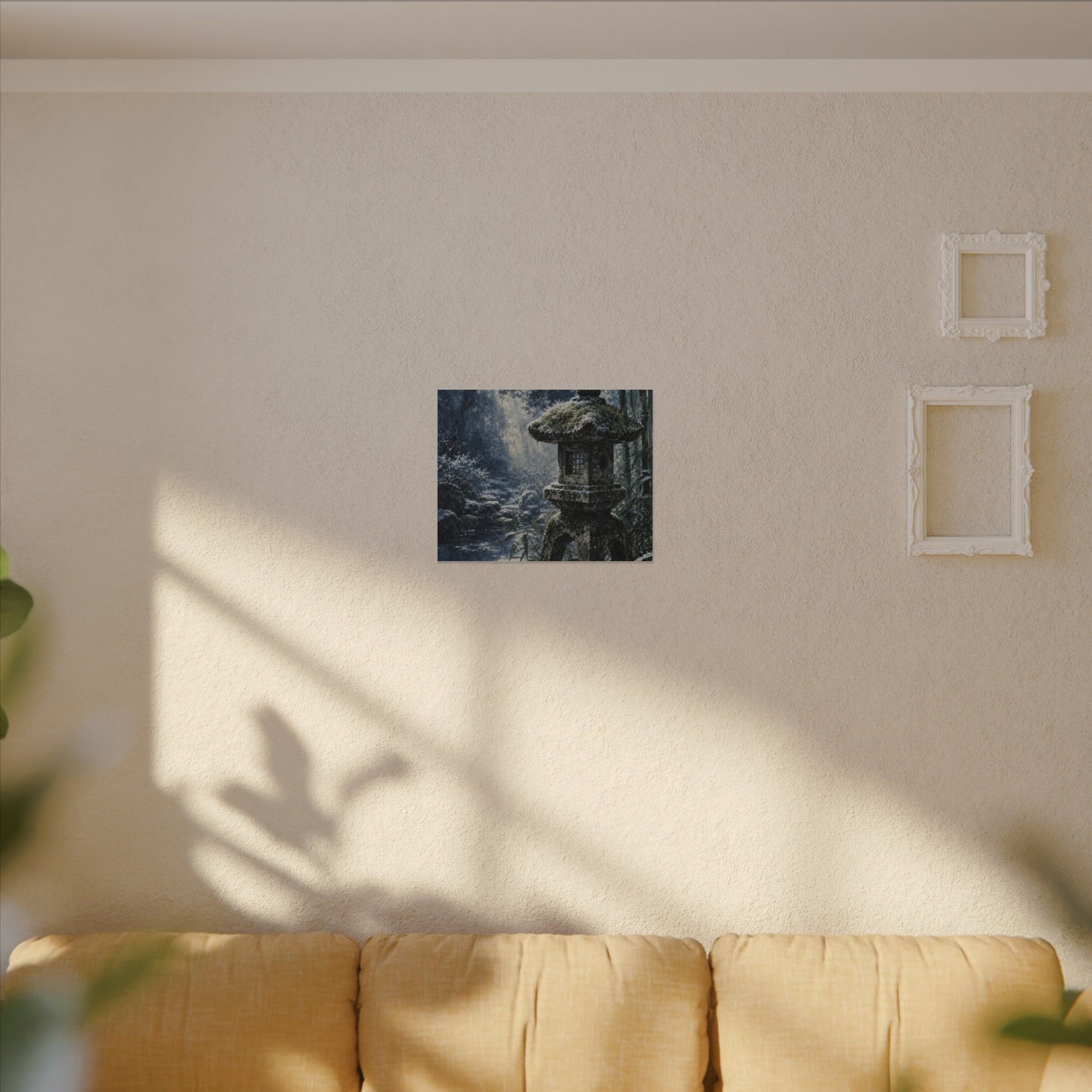 Zen Stone Lantern in Dappled | Sumi E Canvas Art