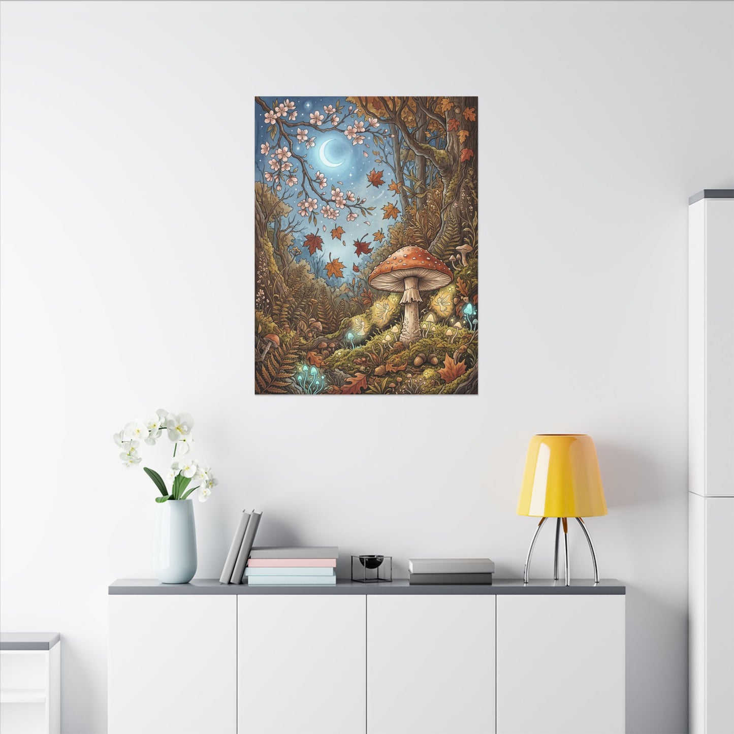 Autumn Cherry Blossom Mushroom Illustration Canvas Art | Enchanting Decor