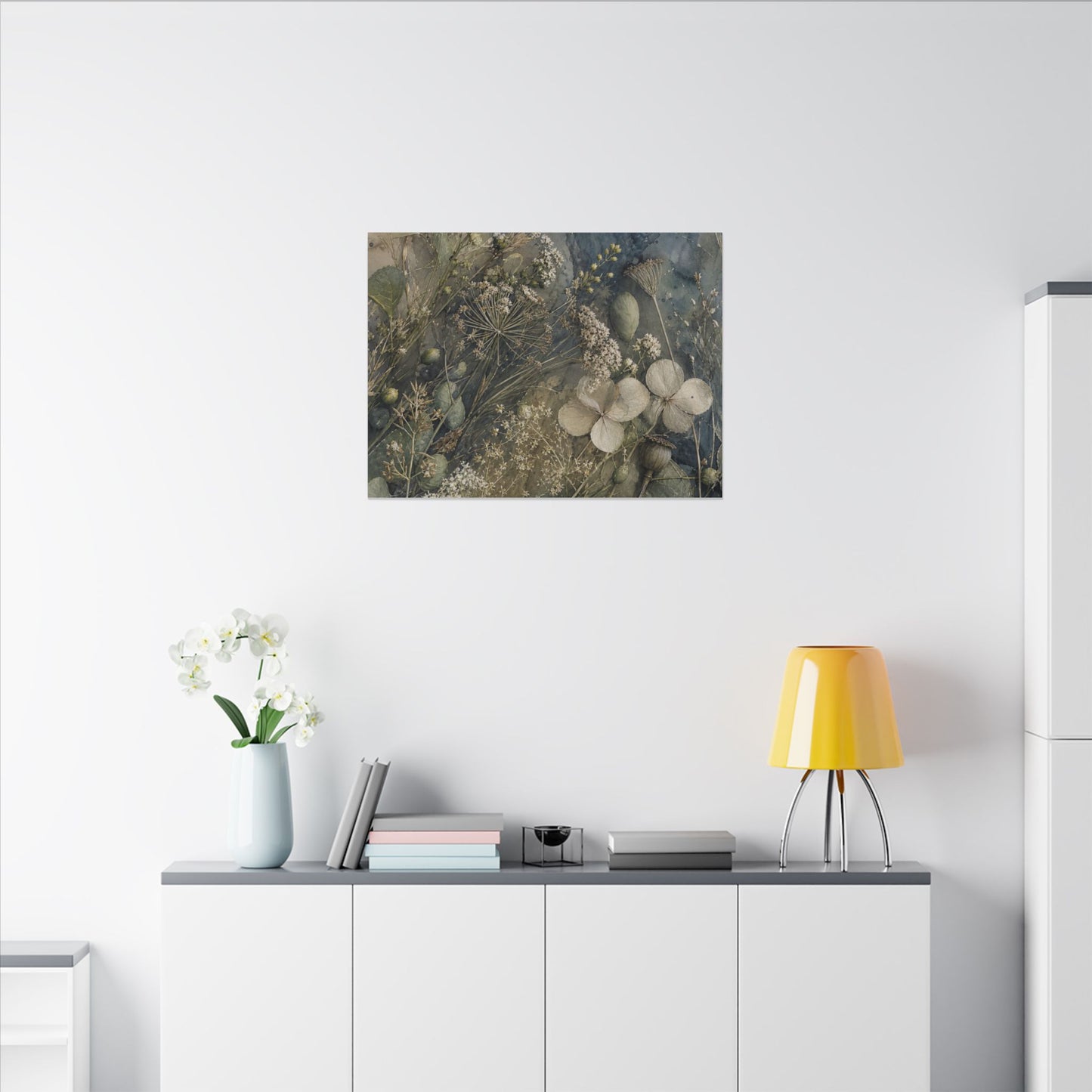 Japandi Dried Flowers in Moonlight | Watercolor Canvas Art