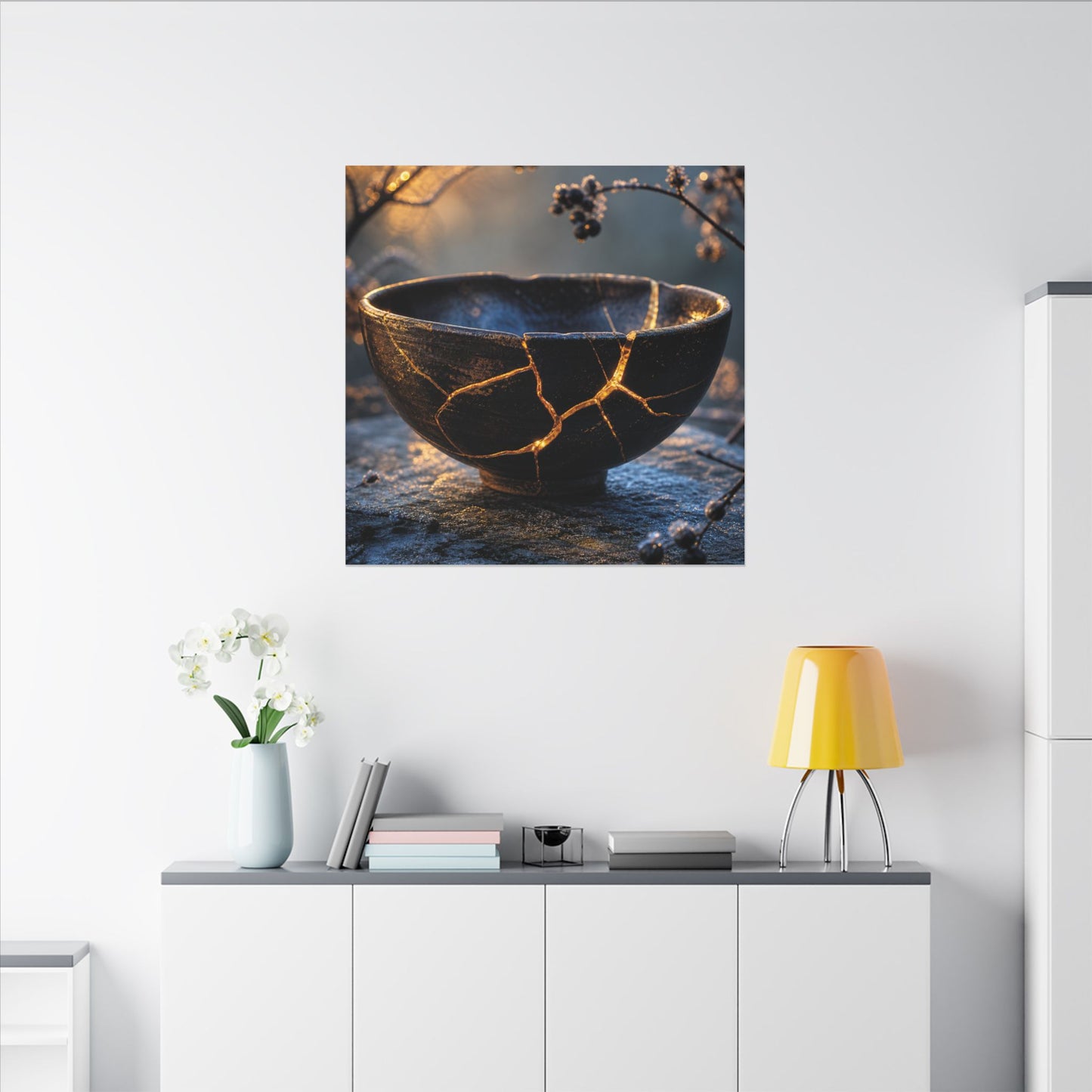 Ceramic Bowl Canvas Art | Winter Kintsugi Gold Repair Art