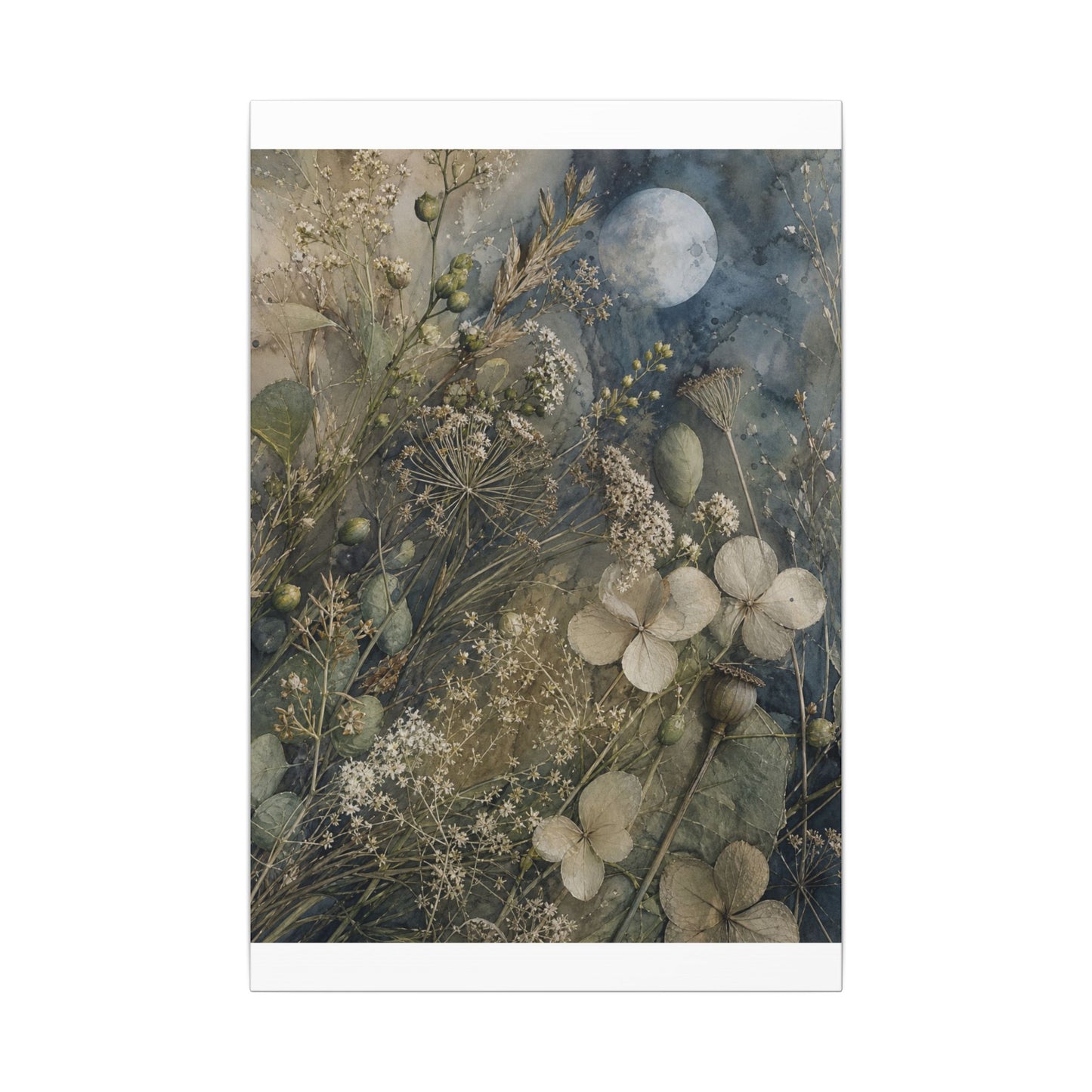 Japandi Dried Flowers in Moonlight | Watercolor Canvas Art