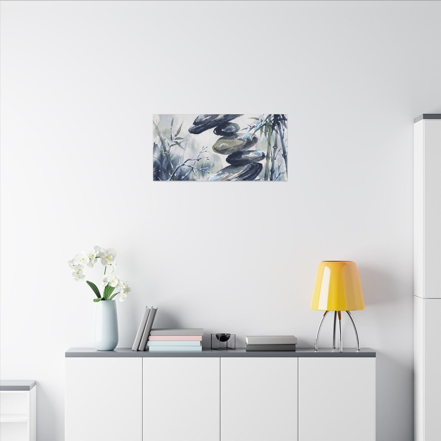 Zen River Stones in Moonlight | Sumi E Canvas Art