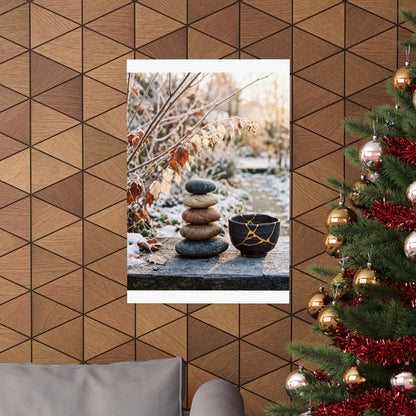 Winter River Stones Gold Repair Wall Art Print | Healing Decor