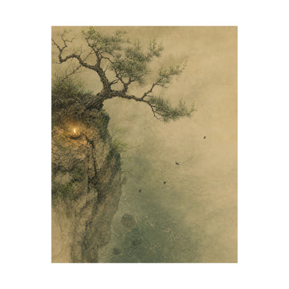 Japandi Pine Tree in Candlelight | Minimal Line Wall Art Print