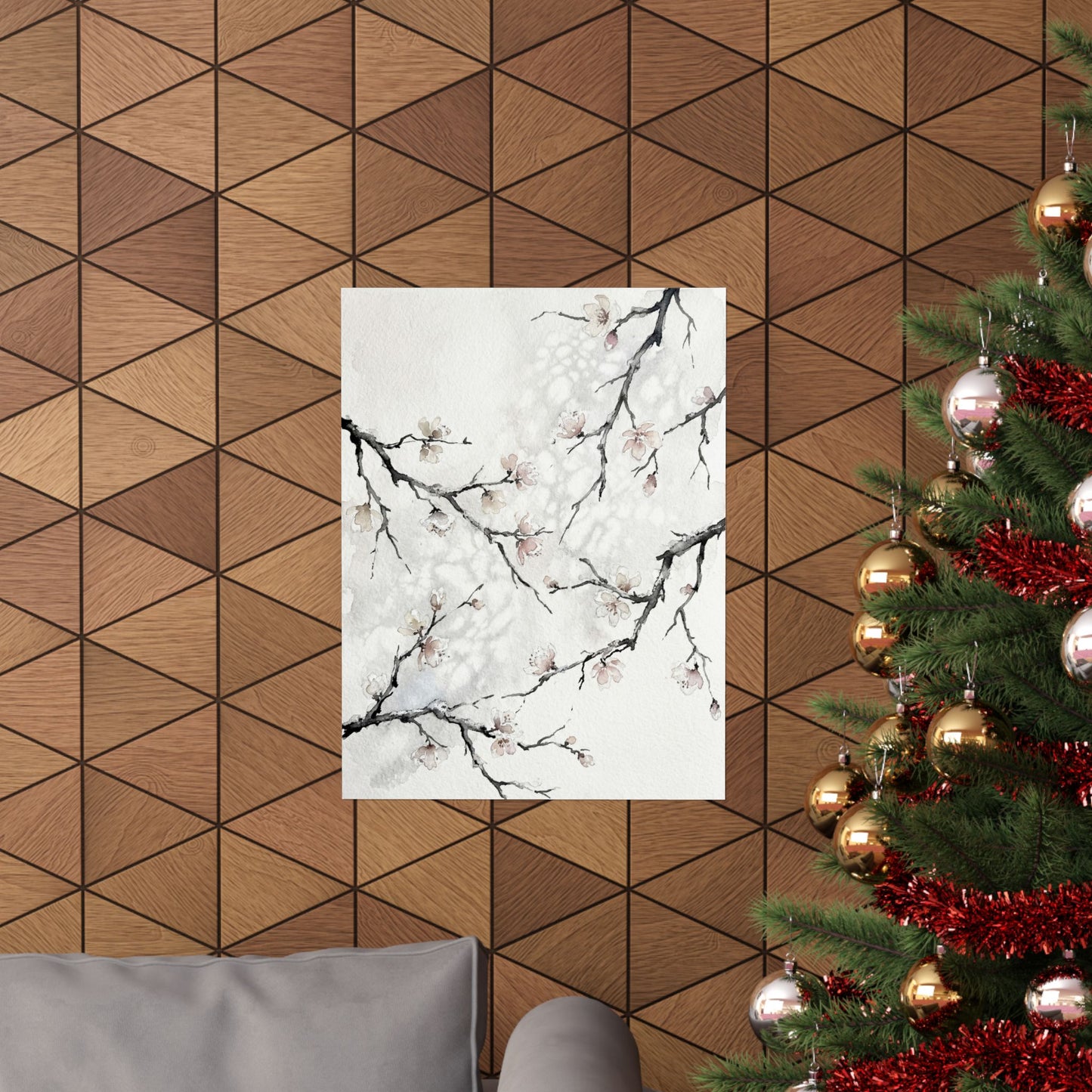 Winter Cherry Blossom Watercolor Wall Art Print | Elegant Decor