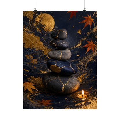 River Stones Wall Art Print | Autumn Kintsugi Gold Vein Art