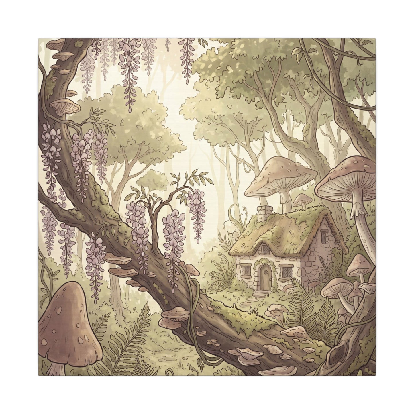 Summer Wisteria Mushroom Illustration Canvas Art | Enchanting Decor