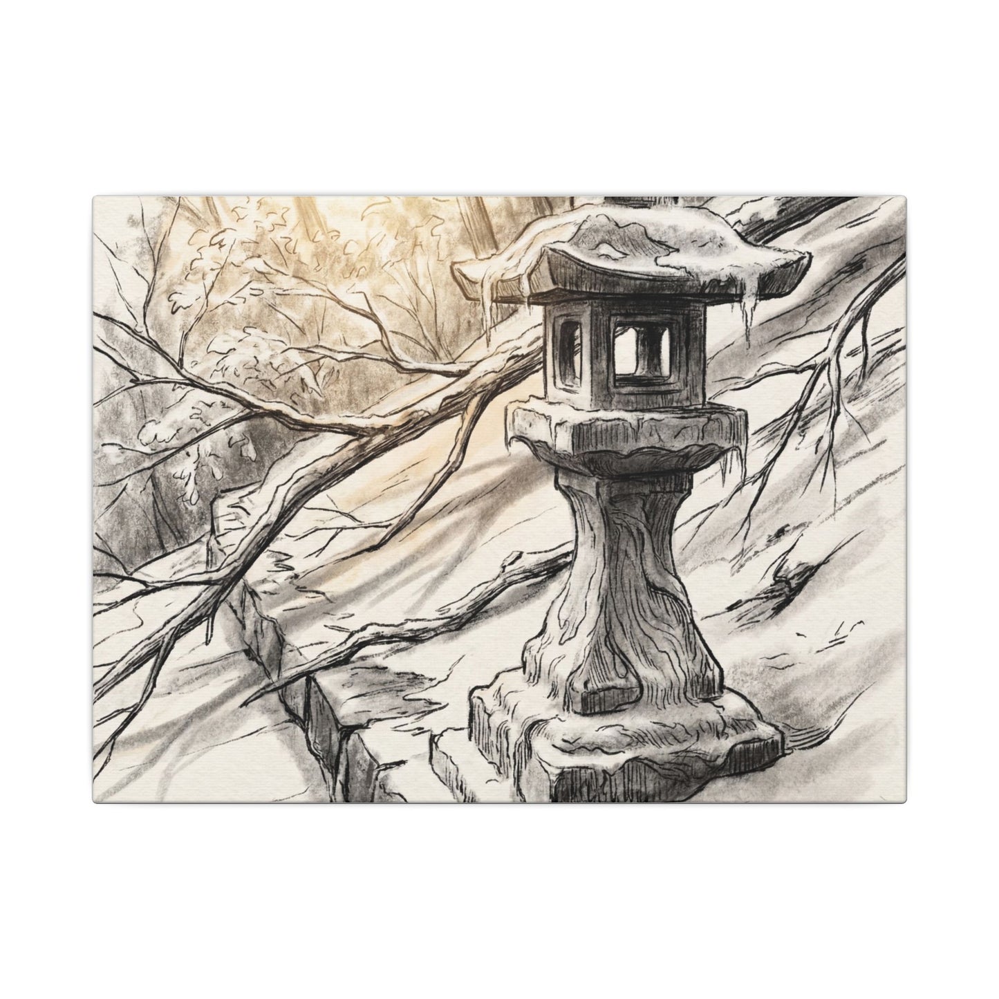 Golden Hour Stone Lantern Canvas Art - Japandi Kanso Art Print